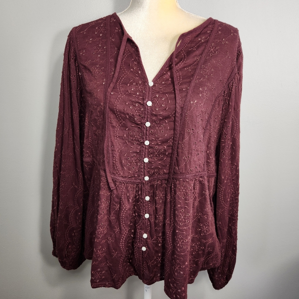Burgundy Eyelet Top Size L  Babydoll Fairy Flowy - Picture 13 of 13